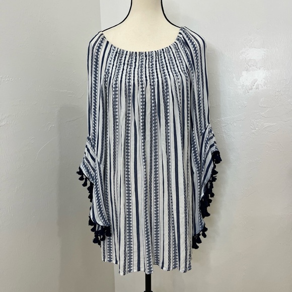 Studio West Tops - Studio West Blue White Striped Loose Flowy Rayon Tassel Shirt Top Women's Small